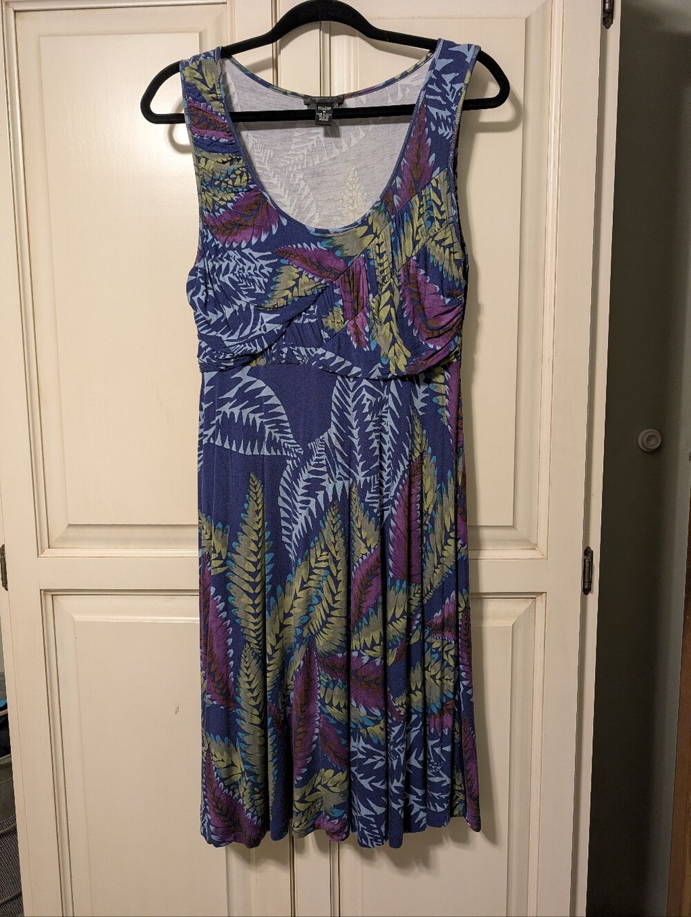 Spense Blue Floral-Leaf Print Sleeveless Dress
